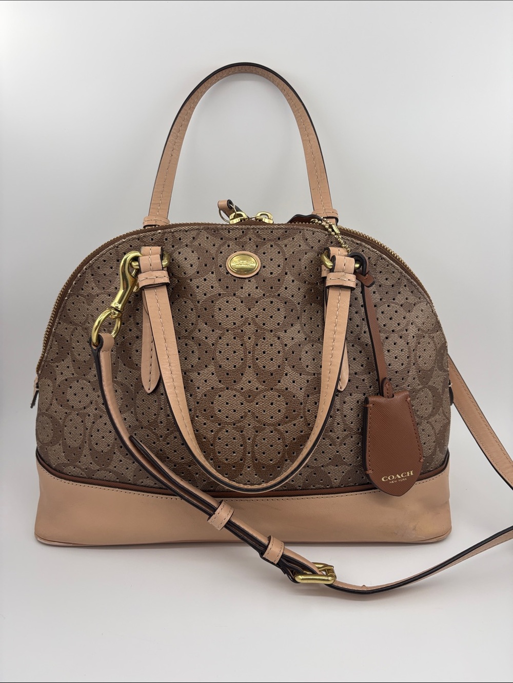 Coach Brown & Light Petal Perforated Signature Dome Satchel
